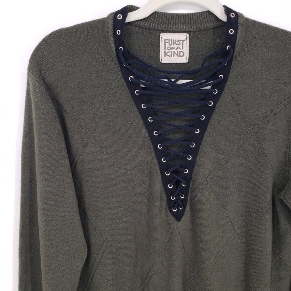 LF Furst of a Kind Lace Up Plunge Neck Sweater M Womens Upcycle Olive Green - Picture 4 of 8
